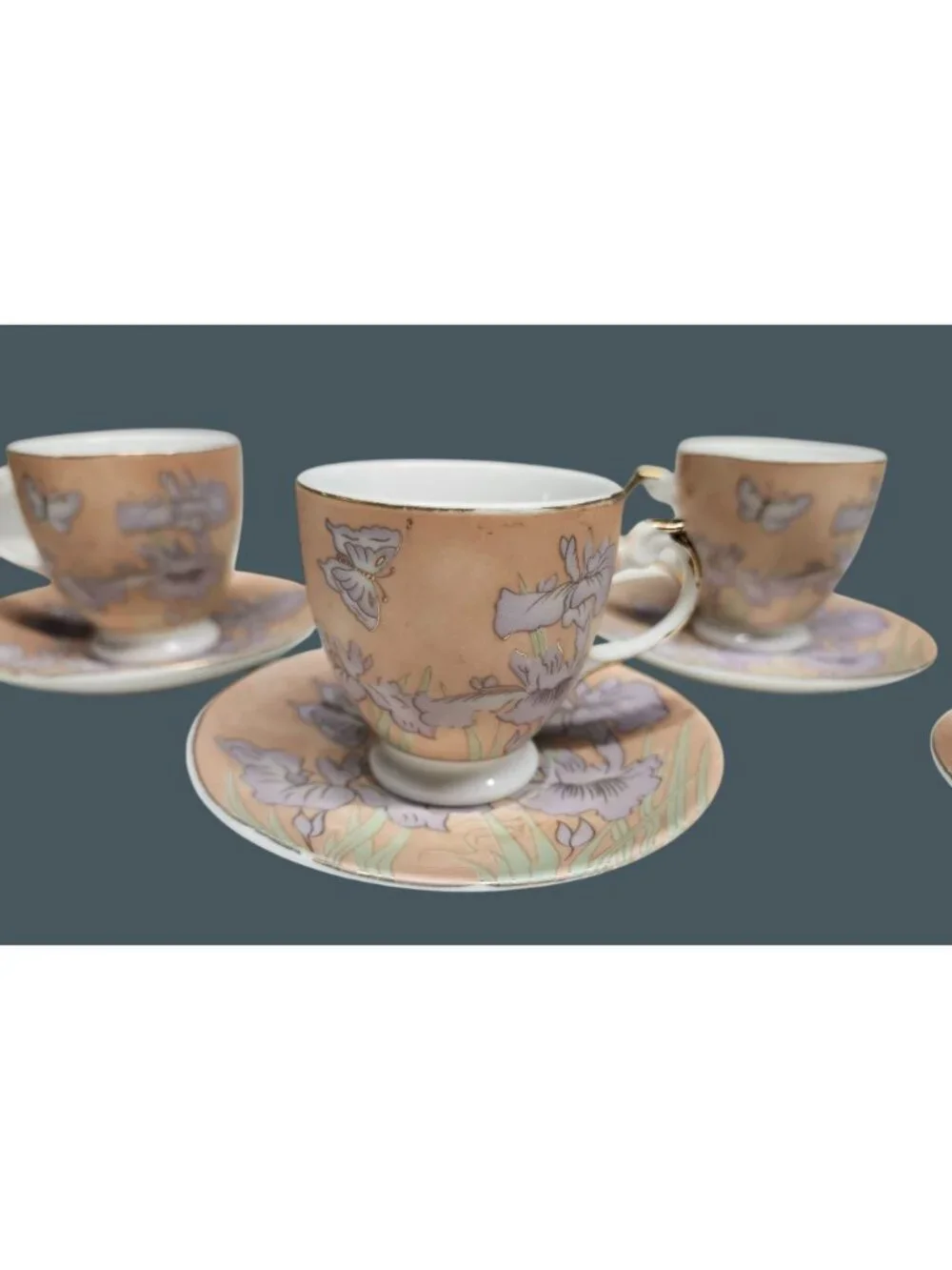Demitasse Cups & Saucers Espresso Pink Purple Irises Butterflies 4 Sets